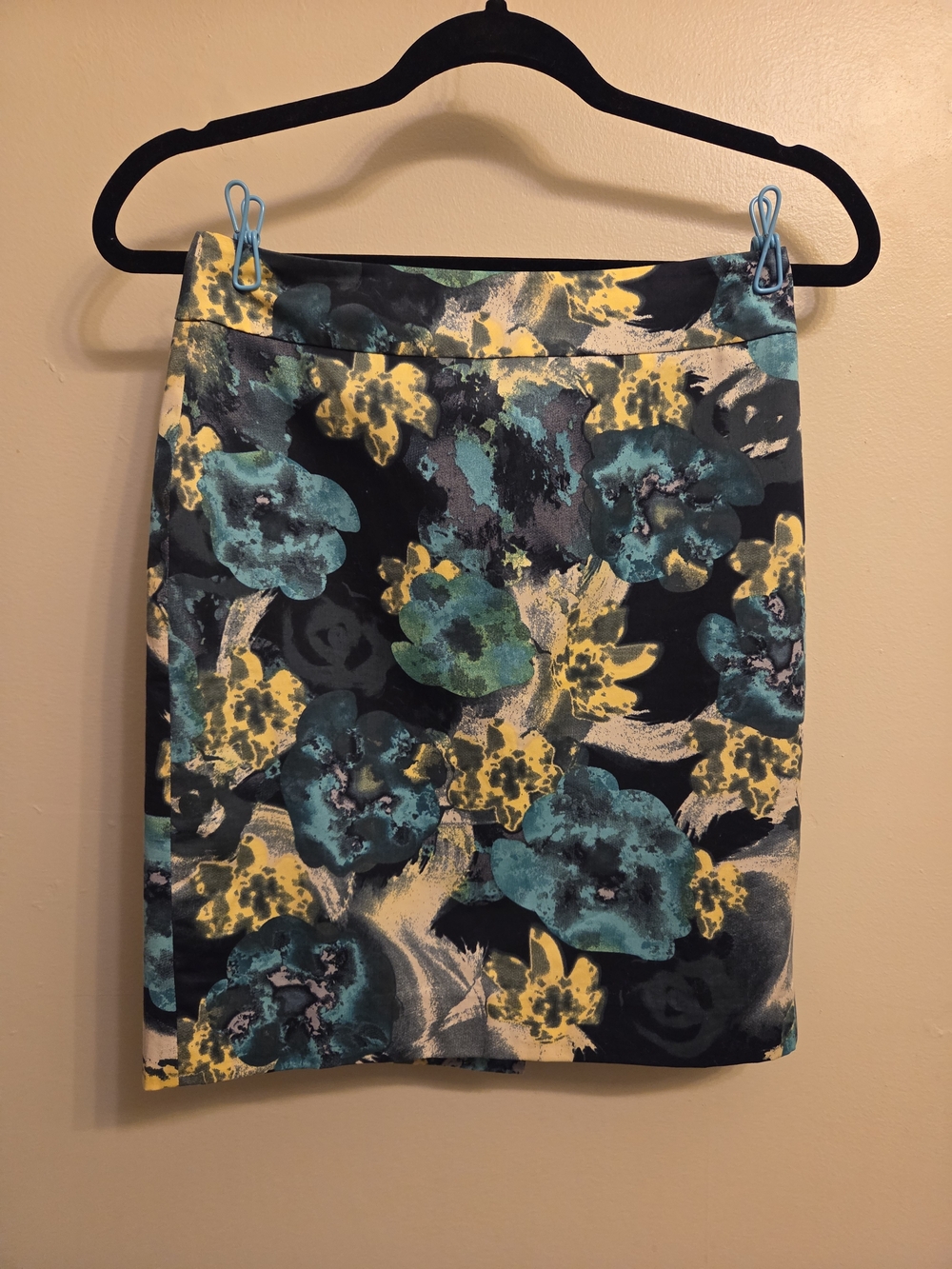 Ann Taylor Petite Floral Pencil Skirt Size 0P Watercolor Teal Blue Yellow Lined